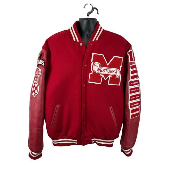 Rennoc Classic Varsity Jacket Wool Leather Westonka Decorated Patches Large Tall